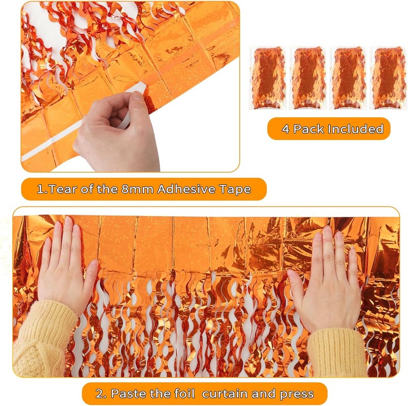 KEEUH 4 Pack Orange Wavy Metallic Tinsel Foil Fringe Curtains | 3.3 ft x 6.6 ft Party Streamer Backdrop Photo Booth for Orange Basketball Party Decorations Holloween Christmas - Image 4